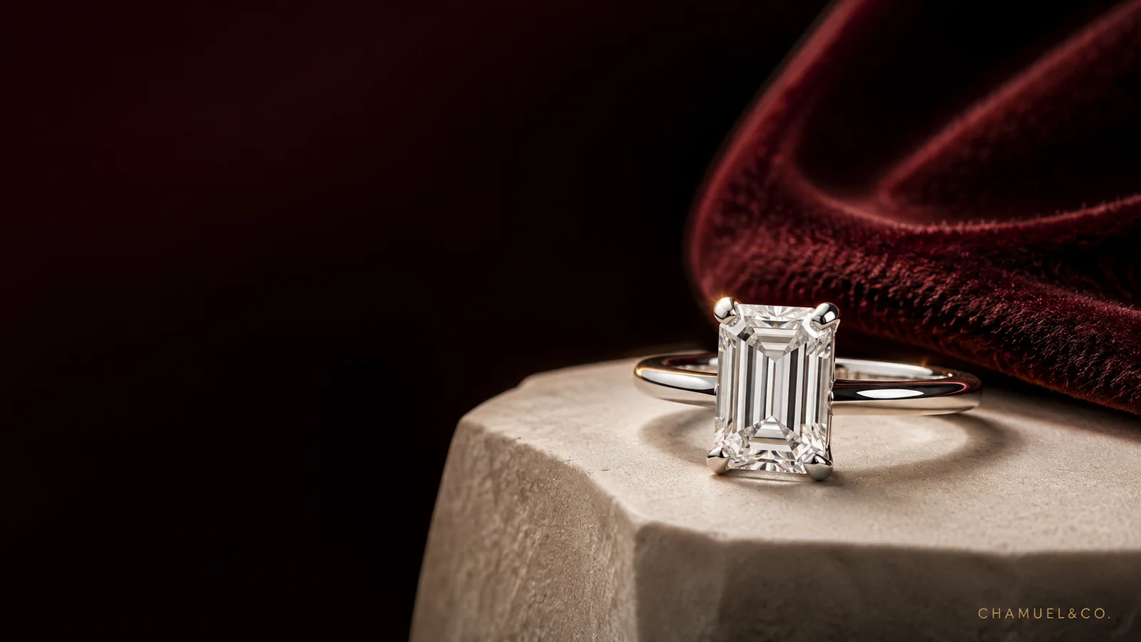 Emerald cut engagement ring editorial by Chamuel & Co.